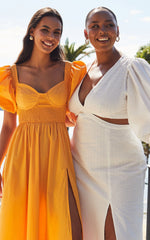 Puff Sleeve Cut Out Split Dress in White