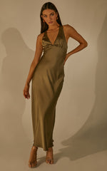Deep V Neck Satin Slip Dress in Dark Olive