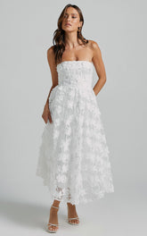 Strapless 3D Embroidery Midi Dress in White