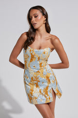 Strapless Dress in Blue Jacquard