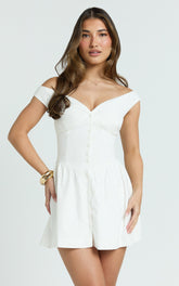 Off Shoulder Button Front Fit And Flare Dress in White