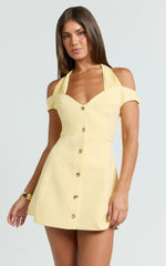 Off Shoulder Button Front Tulip Skirt Dress in Lemon
