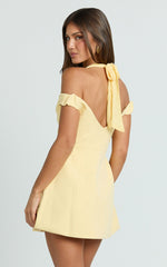 Off Shoulder Button Front Tulip Skirt Dress in Lemon