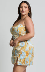 Strapless Dress in Blue Jacquard