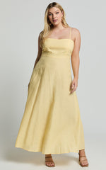 Linen Straight Neck Strappy Fit And Flare Dress in Lemon