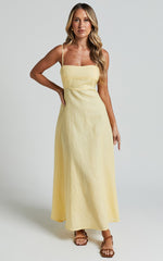 Linen Straight Neck Strappy Fit And Flare Dress in Lemon