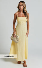 Linen Straight Neck Strappy Fit And Flare Dress in Lemon