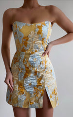 Strapless Dress in Blue Jacquard