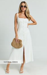 Button Front Tie Back Dress in White