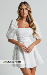 Linen Look Puff Sleeve Ruched Bodice Dress in White
