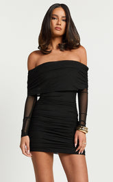 Mesh Off Shoulder Ruched Bodycon Dress in Black