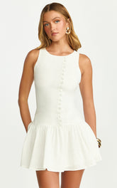 High Neck Button Down Dress in White