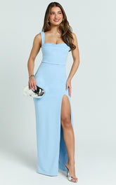 Cowl Neck Column High Split Dress in Soft Blue