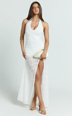 Plunge Neck Lace Frill Hem Dress in White