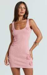 Scoop Neck 3D Floral Knit Dress in Pale Pink