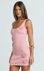 Scoop Neck 3D Floral Knit Dress in Pale Pink