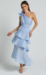 One Shoulder Fit and Flare Layered Dress in Pale Blue