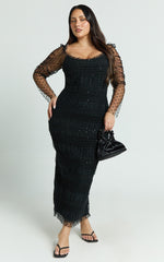 Long Sleeve Shirred Tulle Dress in Black Polka