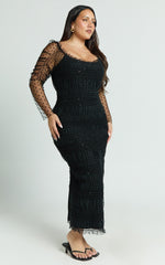 Long Sleeve Shirred Tulle Dress in Black Polka