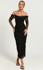 Long Sleeve Shirred Tulle Dress in Black Polka