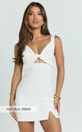 Linen Twist Front Cut Out Dress in White