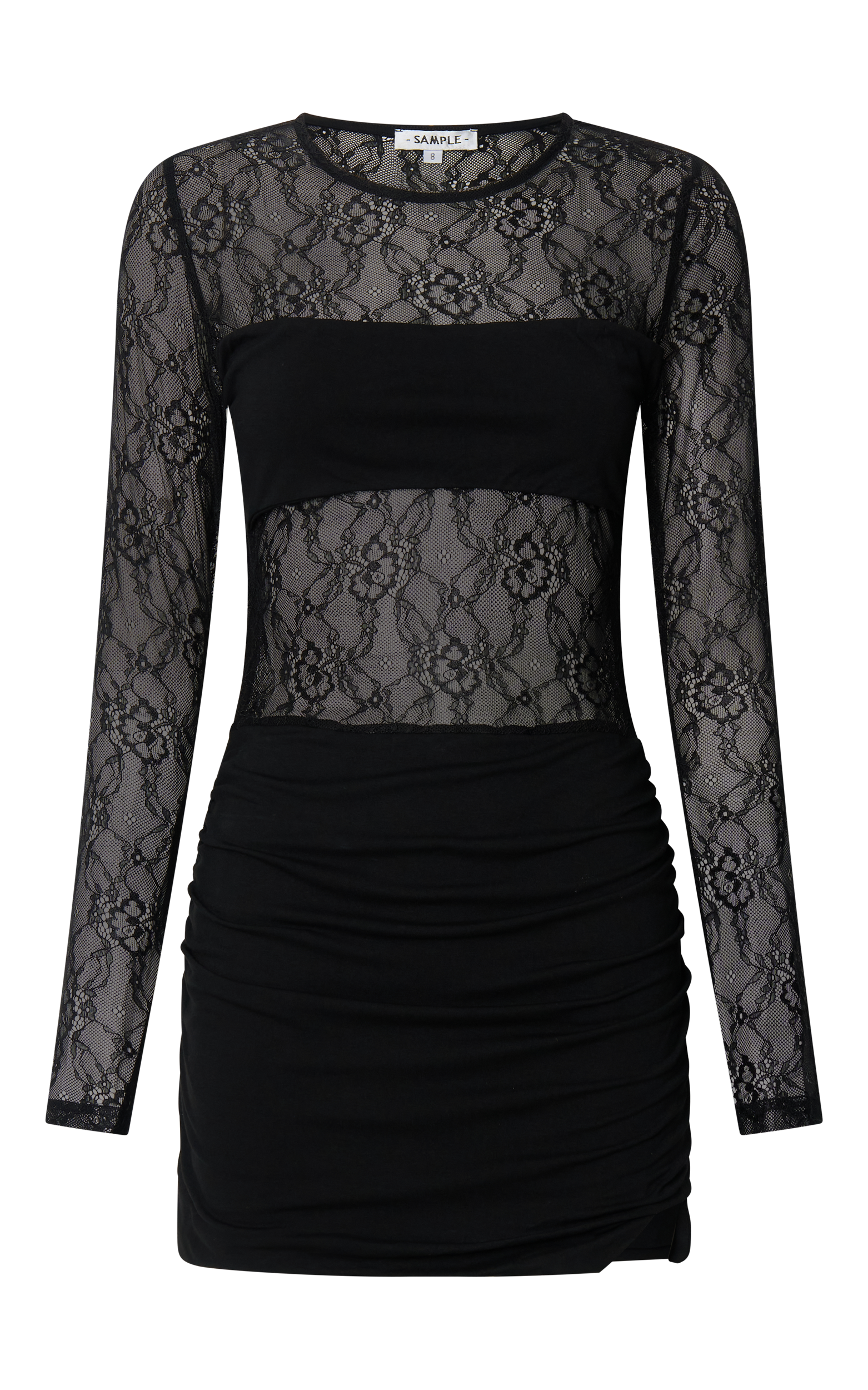 Contrast Lace Long Sleeve Ruched Bodycon Dress in Black - Urban Luxe Apparel
