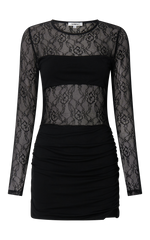 Contrast Lace Long Sleeve Ruched Bodycon Dress in Black - Urban Luxe Apparel