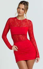 Contrast Lace Long Sleeve Ruched Bodycon Dress in Red