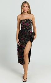 High Split Strapless Dress in Black Floral