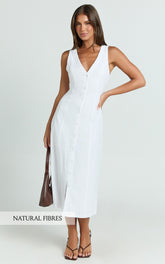 Button Through V Neck Dress in White