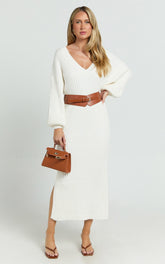 V Neck Knit Dress in Off White