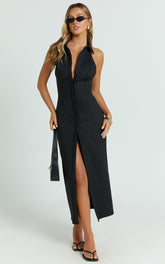 Collared Button Down Bodycon Dress in Black - Urban Luxe Apparel