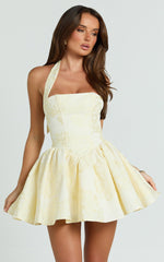 Square Neck Halter Fit And Flare Dress in Lemon
