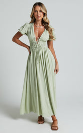 Deep V Neck Puff Sleeve Dress in Sage