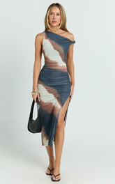 One Shoulder Mesh Dress in Rust Print