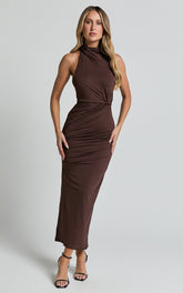 Halter Neck Twist Detail Tie Back Dress in Chocolate