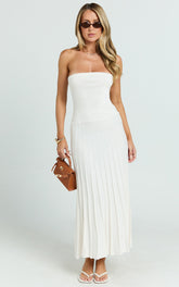 Strapless Drop Waist Pleated Knit Dress in White