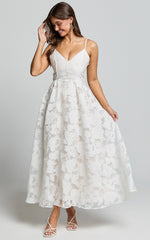 Jacquard Plunge Fit and Flare Dress in White