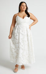 Jacquard Plunge Fit and Flare Dress in White