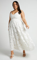 Jacquard Plunge Fit and Flare Dress in White