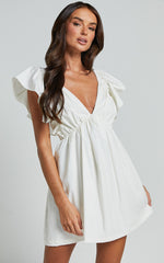 Ruffle Sleeve Tie Back Plunge Dress in Off White