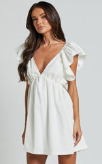 Ruffle Sleeve Tie Back Plunge Dress in Off White