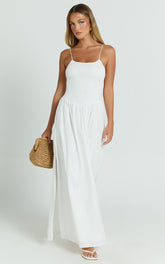 Sleeveless Shirred Dress in White