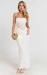 Contrast Lace Bodice Bias Cowl Drop Waist Dress in Cream