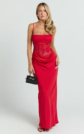 Contrast Lace Bodice Bias Cowl Drop Waist Dress in Red - Urban Luxe Apparel