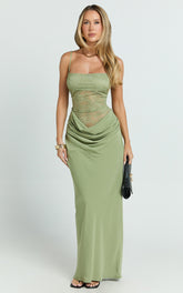 Contrast Lace Bodice Bias Cowl Drop Waist Dress in Sage - Urban Luxe Apparel