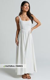Sleeveless Straight Neck Fit and Flare Dress in White