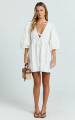 Tie Front Puff Sleeve Dress in White