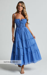 Strappy Ruched Tie Front Tiered Dress in Blue