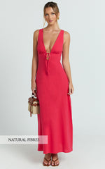 Plunge Neckline Tie Front A Line Dress in Red